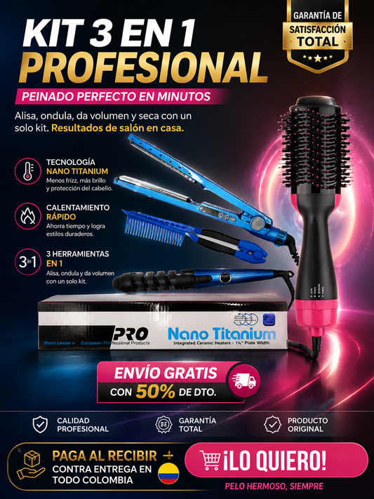 Kit de Peinado 4 en 1: Plancha, Cepillo, Rizador y Peine para un Cabello Perfecto