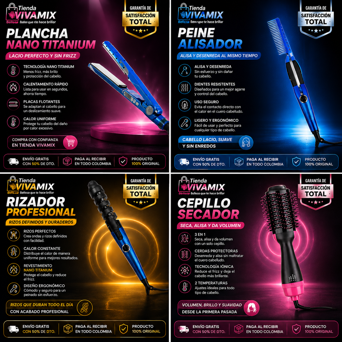 Kit de Peinado 4 en 1: Plancha, Cepillo, Rizador y Peine para un Cabello Perfecto