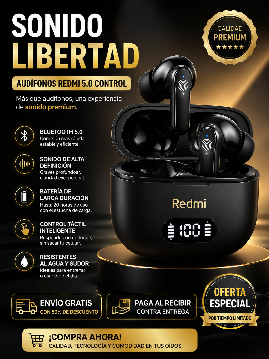 ¡Sonido Premium, Libertad Total! 🎧  Audífonos Redmi 5.0 Control — Disfruta tu música con calidad, comodidad y tecnología inalámbrica.